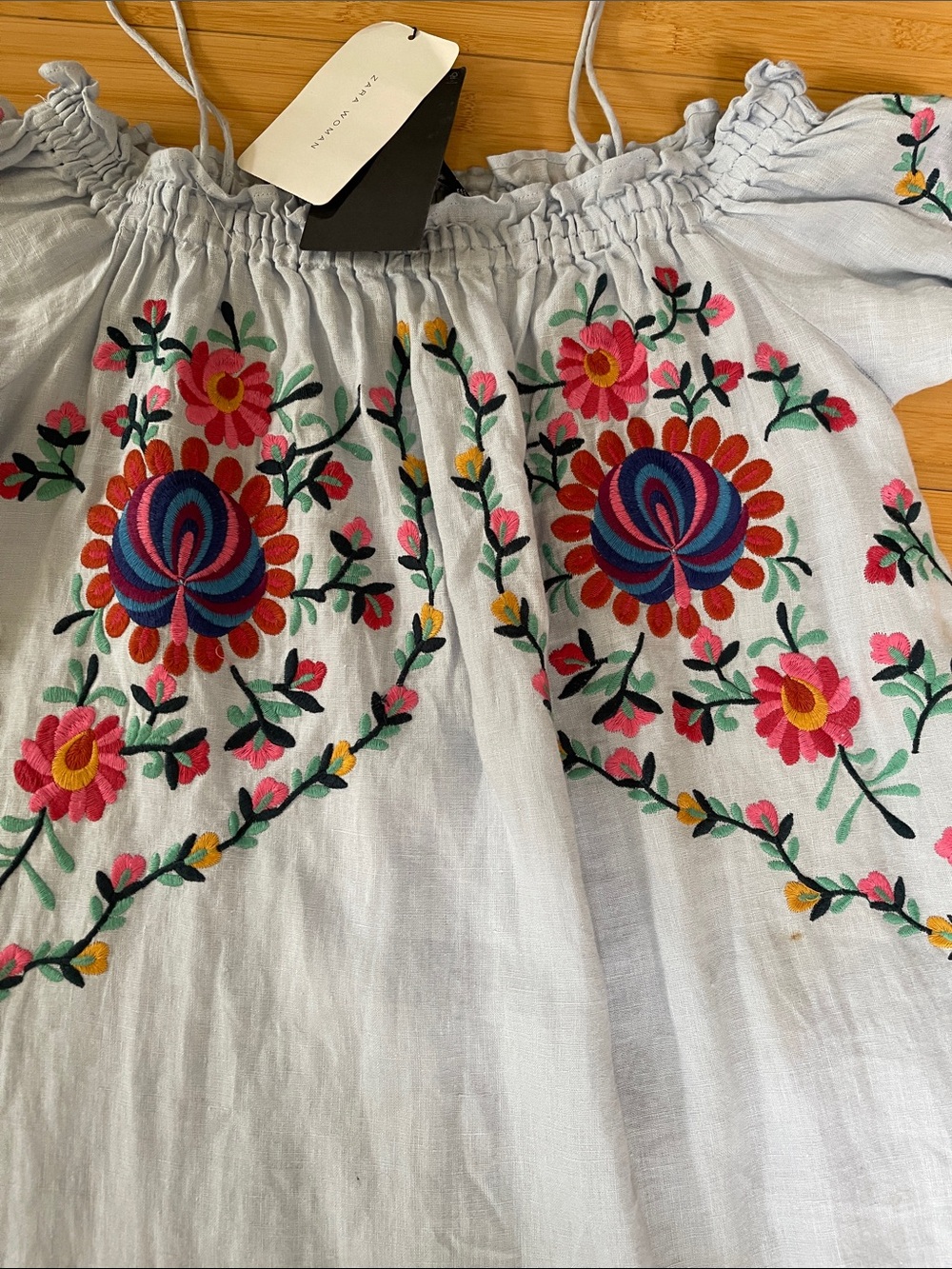 Zara NWT Light Blue Embroidered Off-Shoulder 3/4 Sleeve Summer Vacation Dress M - Picture 2 of 7